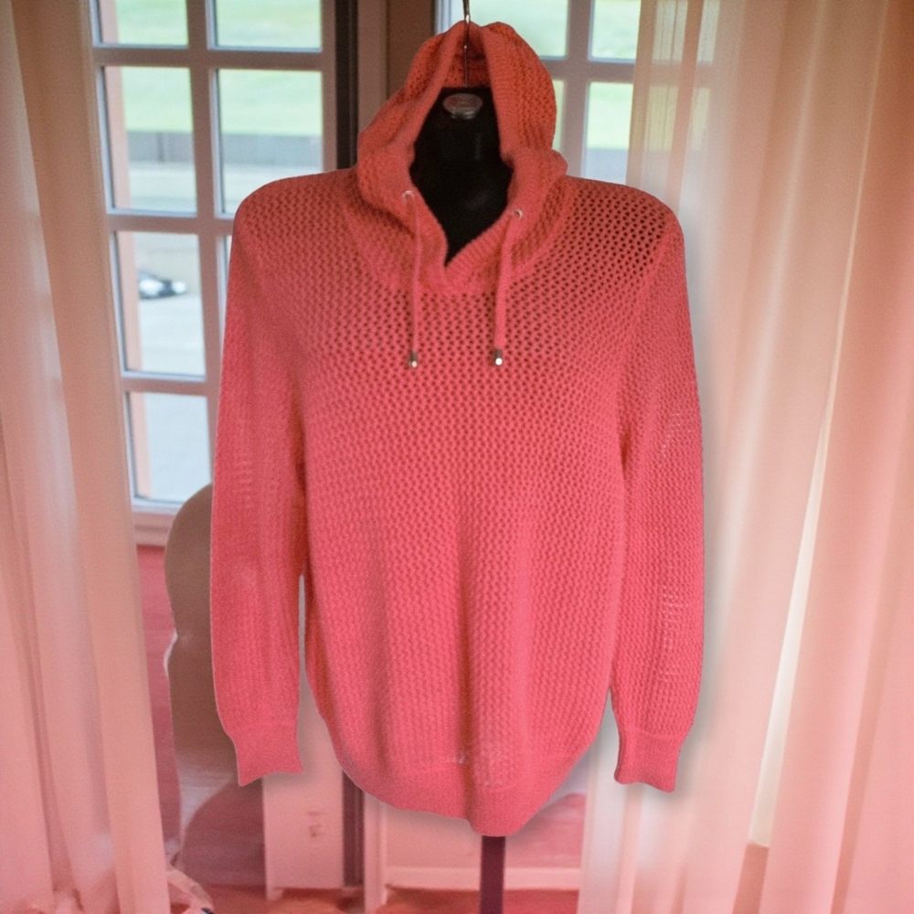 Alison Sheri Made With Love Coral 100% Cotton Loose Knit Hooded Sweater
